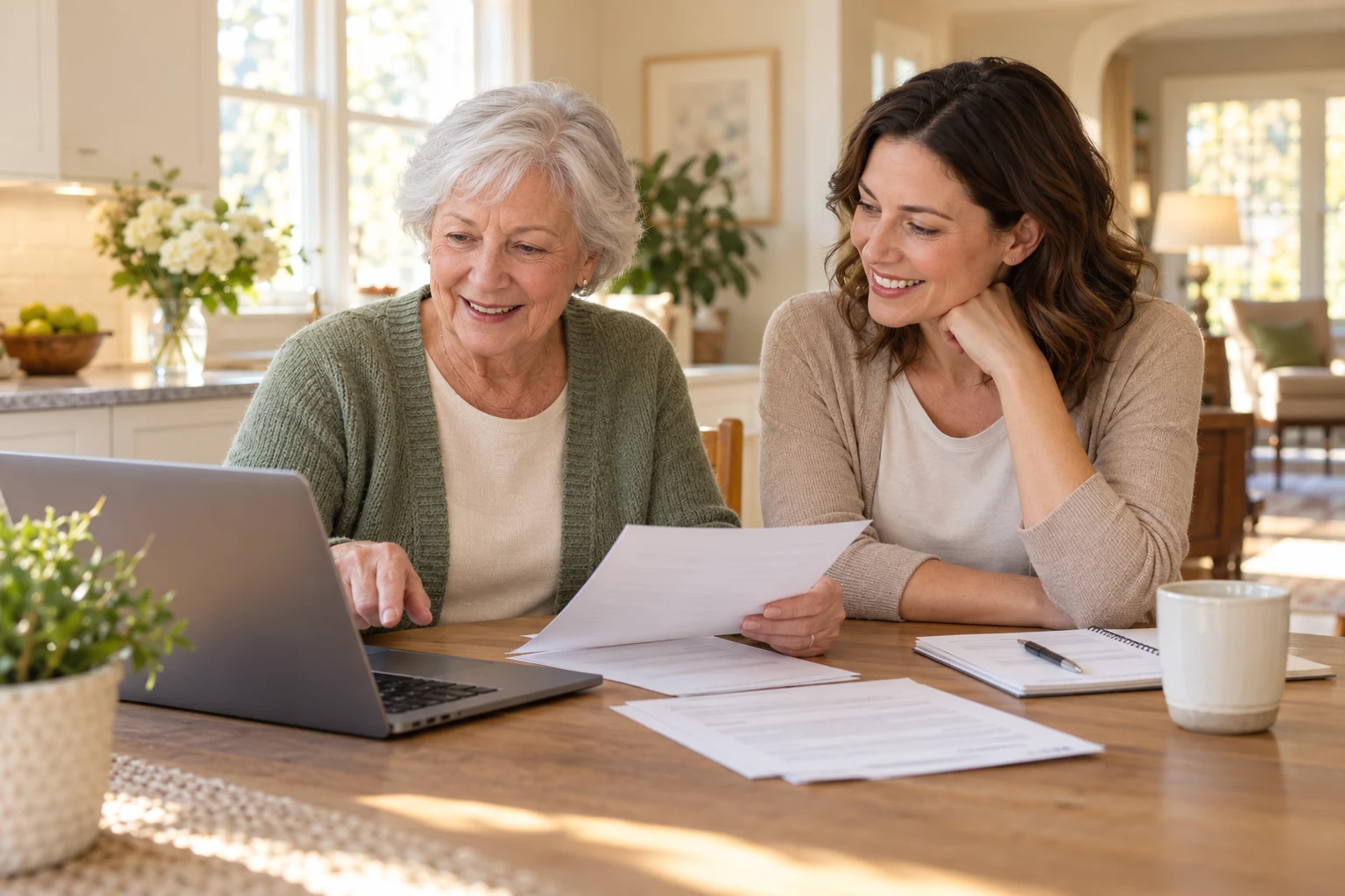 An older woman and a supportive companion looking at a laptop and organizing papers together.
